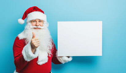 Naklejka premium Santa Claus is making a 'thumbs up' gesture while holding a blank white card. Minimal creative Christmas and New Year holiday advertising concept. Copy space.