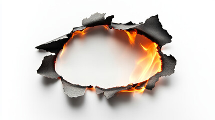 Charred paper with a fiery hole on white
