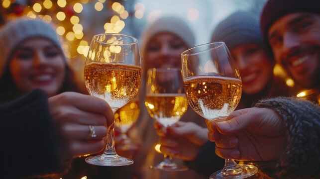 A cozy Christmas celebration together with wine glasses on a terrace