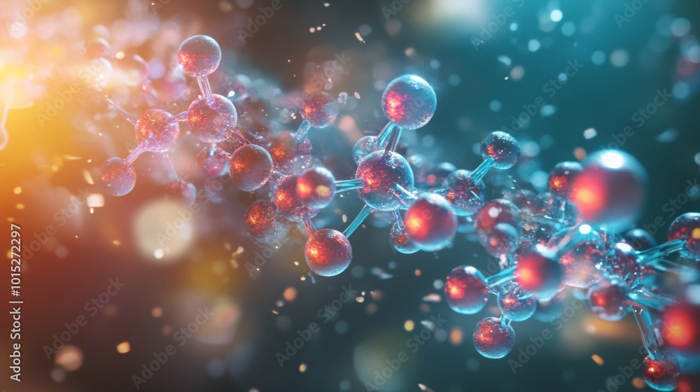 Poster A digital illustration depicting a molecule with a complex structure. The molecule is composed of numerous connected spheres, primarily in red and blue shades