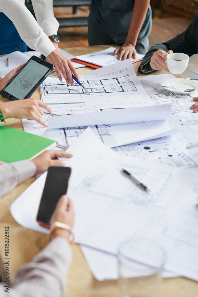 Poster architecture, blueprint and hands of business people in office with discussion, advice and creative 