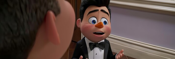 Charming anthropomorphic penguin in tuxedo converses with guest under chandeliers, purple backdrop