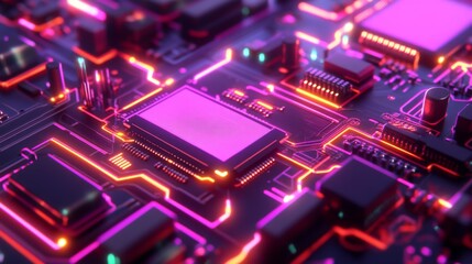 Obraz premium Close-up of a glowing circuit board with a pink chip.
