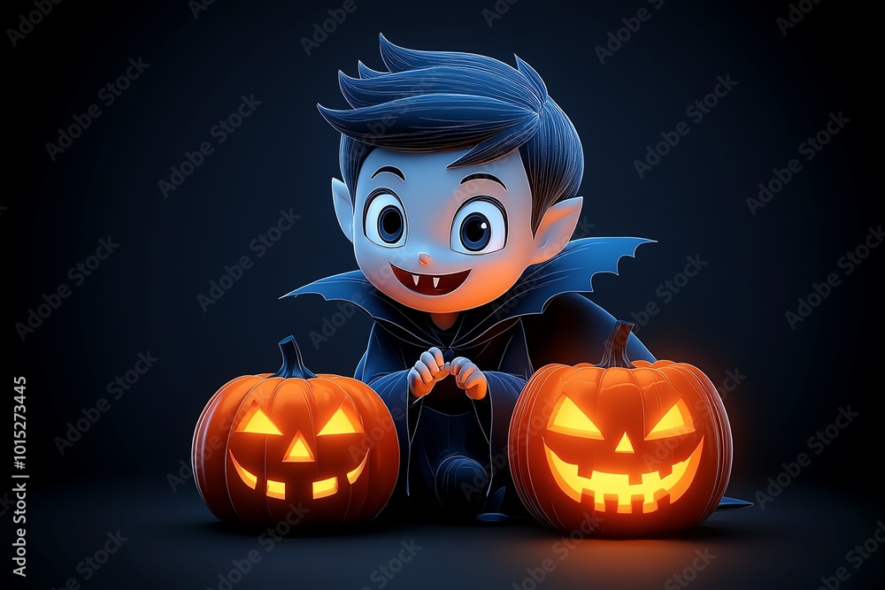 Poster simple outline of a boy vampire, with minimal shading and a glowing jack-oâ€™-lantern next to him, s