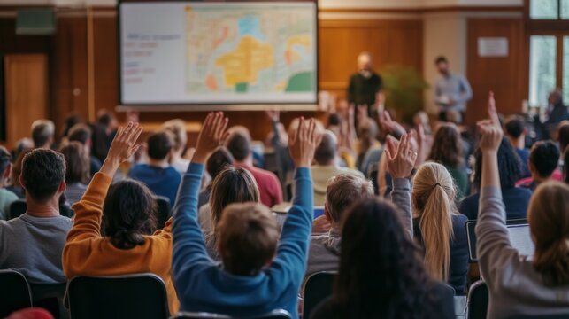 Community members gather in a large hall, raising hands to voice opinions during a town hall meeting about local development plans, with a flipchart map displayed nearby