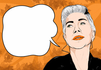 Mature woman made in cartoon style with empty speech bubble autumn