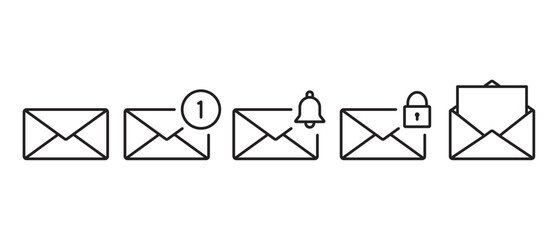 Icon set of Mail notifications. Email envelope line icon. Message letter icon vector set. New message inbox notification, received and locked messages, Envelope icon in transparent background. Eps10