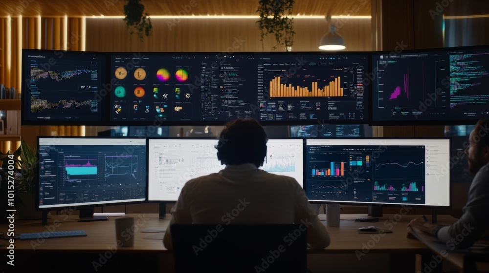 Poster a team of dedicated analysts and content creators engage with large screens displaying real-time soc