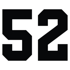 52 Classic Vintage Sport Jersey Uniform numbers in black with a black outside contour line number on white background for American football, Baseball and Basketball or soccer for shirt