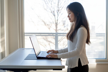 Young professional woman is working from home, standing at her walking pad desk in front of a window