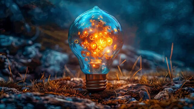 Lightbulb with moving gears as a symbol of an idea on dark background