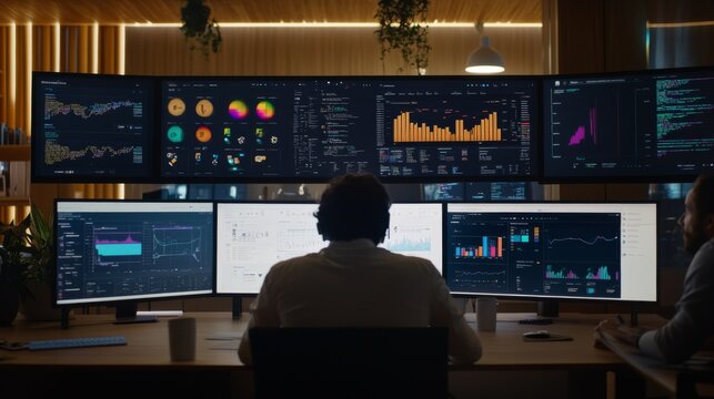 A team of dedicated analysts and content creators engage with large screens displaying real-time social media data, analyzing trends and audience engagement metrics