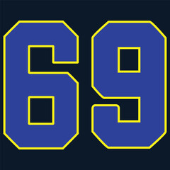 Obraz premium 69 Classic Vintage Sport Jersey, Uniform numbers in black with a black outside contour line number on white background for American football, Baseball and Basketball or soccer