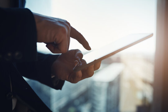 Hands, tablet and scroll in company as realtor in property management, networking or town planning. Person, technology and real estate agent in working for development, consulting or office building