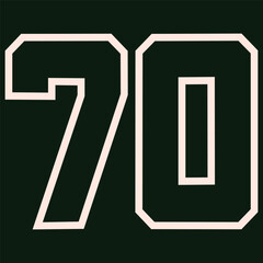 70 Classic Vintage Sport Jersey / Uniform numbers in black with a black outside contour line number on white background for American football, Baseball and Basketball or soccer for shirt