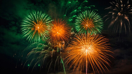 Fototapeta premium Vibrant 2025 New Year Fireworks Celebration In Night Sky With Bright Explosions, New Year Celebration