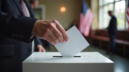 US Voter placing a ballot into a box, close-up shot of hands and ballot box.  American Freedom and democracy presidential voting concept.