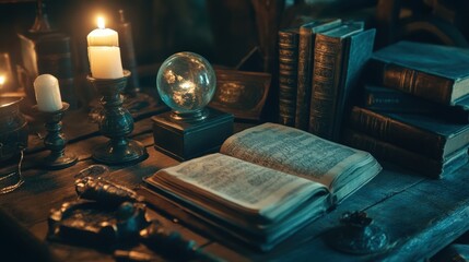 Mystical table filled with old books, a crystal ball, candles, and ancient tools
