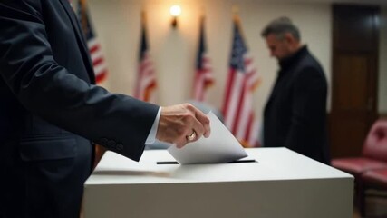 US Voter placing a ballot into a box, close-up shot of hands and ballot box.  American Freedom and democracy presidential voting concept. - Powered by Adobe