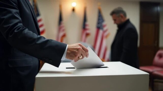 US Voter placing a ballot into a box, close-up shot of hands and ballot box.  American Freedom and democracy presidential voting concept.