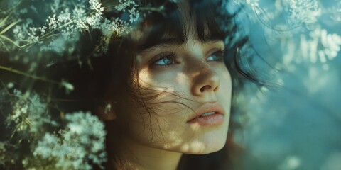 Captivating Portrait of a Young Woman with Natural Beauty and Floral Elements