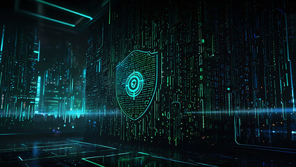 Fototapeta premium Digital Cyber Security Concept with Encrypted Crypto Symbols Finance and Glowing Data Trails Finance Server