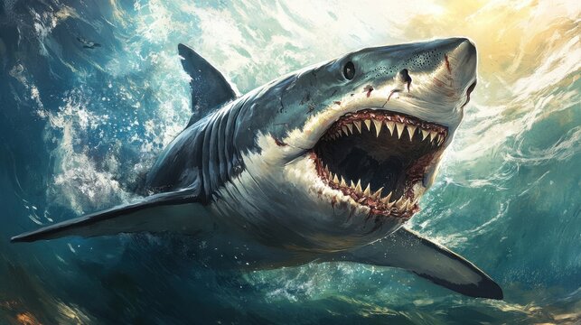 A great white shark with its mouth open, revealing its sharp teeth, swims through the water. The water is choppy, with waves crashing around the shark.