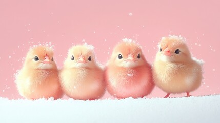Fototapeta premium Four fluffy chicks stand in a row on a bed of white snow against a pink background.