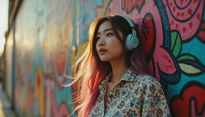 Fototapeta premium stylish Asian Woman with Colorful Hair and Headphones, Street Art Background