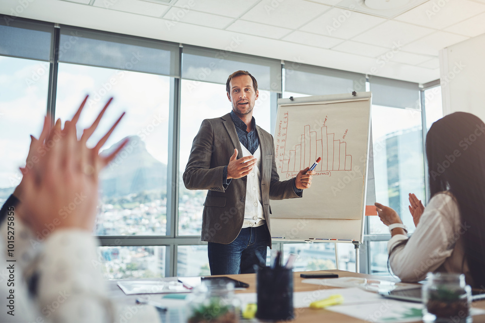 Poster Applause, presentation and whiteboard with business man in boardroom of office for coaching or training. Development, graph and information with employee group clapping in workplace for seminar