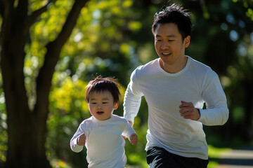 Father and his young son are enjoying quality time together running in a park