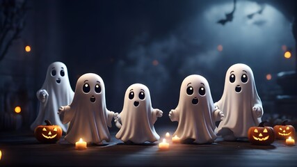 Cute Animated White Spooky Ghosts for Halloween on a Scary Dark Background - AI-Generated