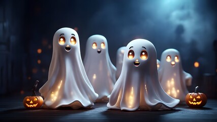 Cute Animated White Spooky Ghosts for Halloween on a Scary Dark Background - AI-Generated