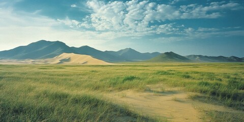 Breathtaking Desert Landscape: A Majestic View of Mountains and Lush Dunes Under Clear Skies