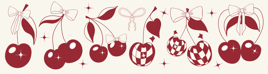 Cute cherry set. Coquette cherries with gift bow. Berry girly icon for card, sticker, print design. Red glamour vector illustration