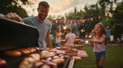 A family enjoys a Labor Day gathering in their spacious backyard, grilling hamburgers and hot dogs while children play with sparklers and celebrate together