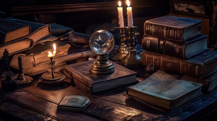Mystical table filled with old books, a crystal ball, candles, and ancient tools