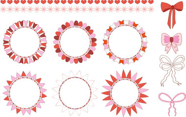 Cute coquette aesthetic pink and red frame set ribbon bow in vintage style. Vector illustration.