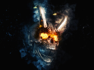 Horned demon skull with blazing eyes