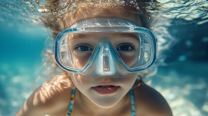 Naklejka premium A young girl wearing a diving mask looks up at the camera while underwater.