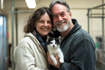 Couple is smiling as they hold their new kitten, happy about giving it a forever home