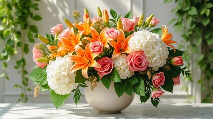 Vibrant Floral Bouquet in White Vase, A stunning arrangement of colorful roses, lilies, and hydrangeas in a white vase. The bouquet features a mix of pink, orange.