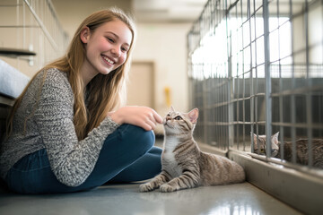 Smiling teenage girl is sitting on the floor of an animal shelter, petting a cute tabby cat