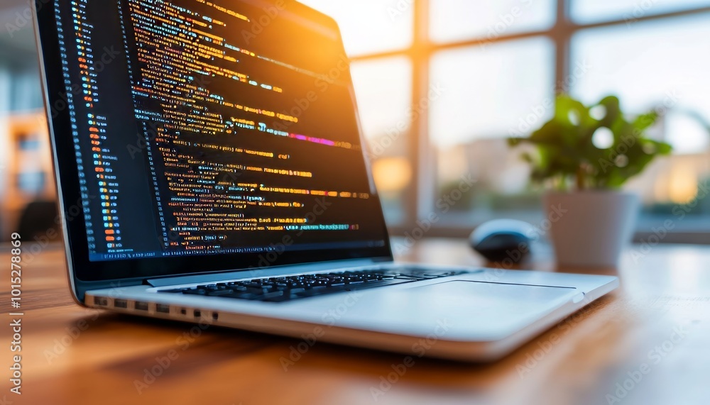 Poster secure software development code displayed on laptop screen with blurred office background