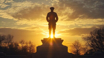 Statue silhouette against sunset sky