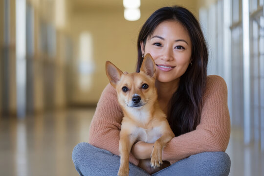 Asian woman is crouching and holding a small brown and white dog