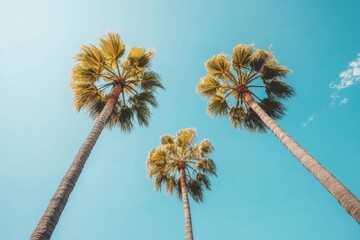 Obraz premium Three tall palm trees reach upward against a bright blue sky, creating a vibrant and relaxing atmosphere in a tropical setting