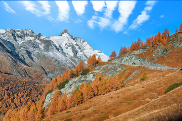 Picturesque autumn landscape  at Grossglockner High Alpine Road with Grossglockner mountaine