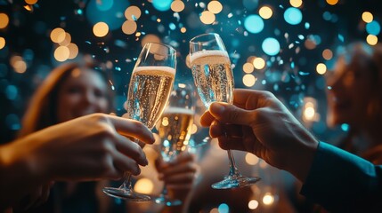 group of people toasting champagne at a corporate party, new year theme