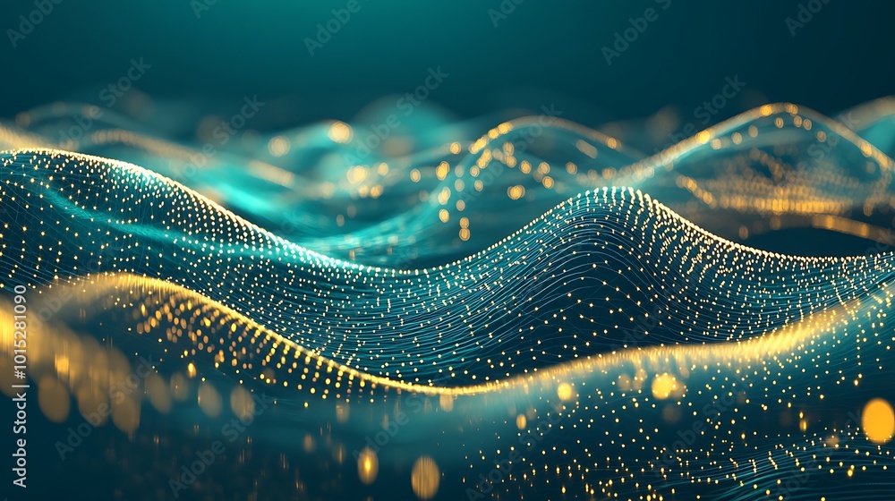 Poster abstract digital wave pattern of glowing golden dots on dark blue background.